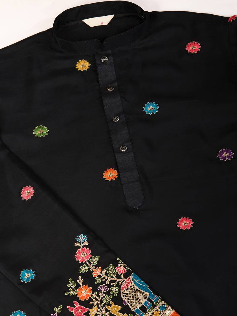 black viscose silk thread & sequins embroidered kurta