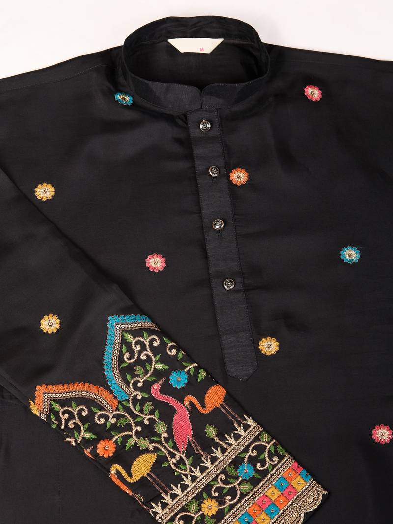 Black viscose silk thread & sequins embroidered work wedding ceremony festival marriage party wear straight kurta