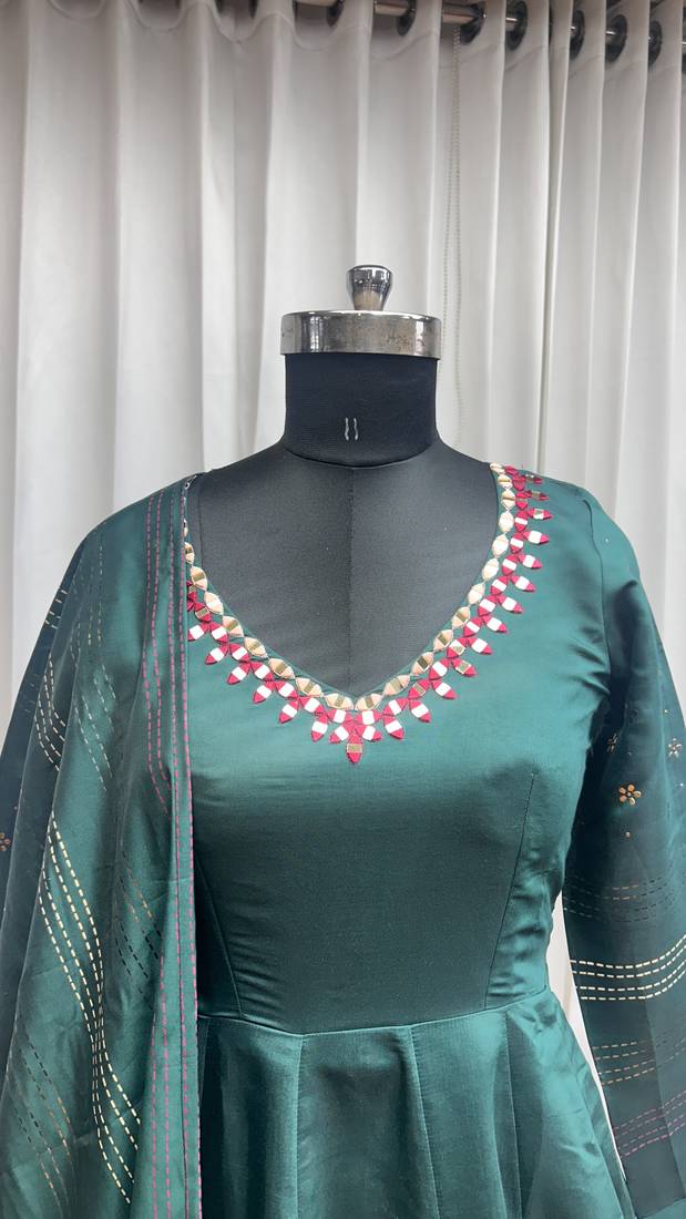 Green foil print with mirror work roman silk anarkali salwar suit palazzo with dupatta fstive stitched long gown