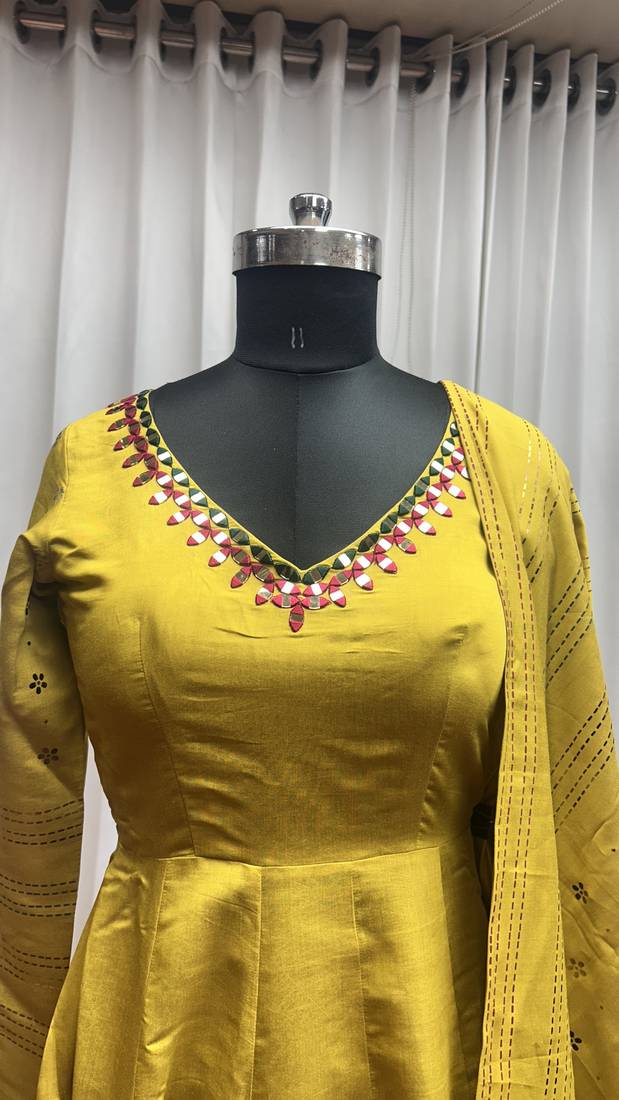 Yellow foil print with mirror work roman silk anarkali salwar suit palazzo with dupatta fstive stitched long gown