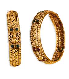 High gold-plated bangles with emerald and ruby stones, antique matte temple design bangle (set of 2)