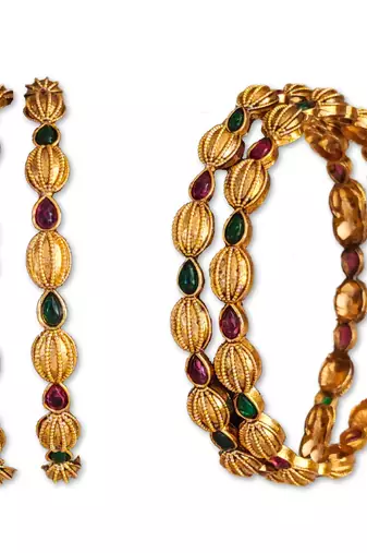 Matte high gold-plated bangle with ruby and emerald stones, indian ethnic design (set of 4)