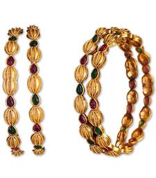 Matte high gold-plated bangle with ruby and emerald stones, indian ethnic design (set of 4)