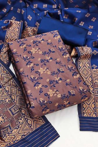 Navy blue color weaving work jacquard silk unstitched chudidar dress material