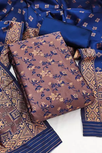 Navy blue color weaving work jacquard silk unstitched chudidar dress material