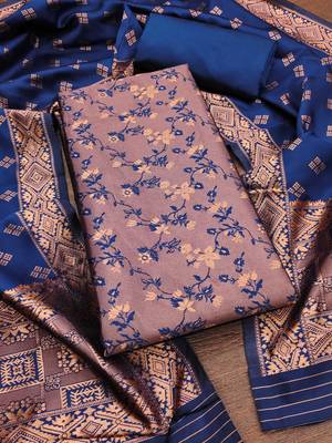 Navy blue color weaving work jacquard silk unstitched chudidar dress material 3