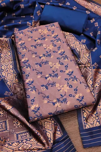 Navy blue color weaving work jacquard silk unstitched chudidar dress material