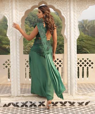 ready to wear sap green emblazon sap saree set - neha garg 3