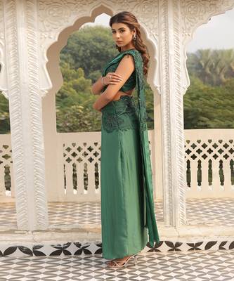 ready to wear sap green emblazon sap saree set - neha garg 4