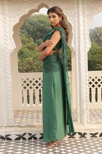 ready to wear sap green emblazon sap saree set - neha garg