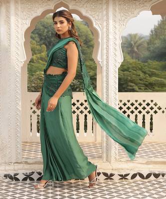 ready to wear sap green emblazon sap saree set - neha garg 5