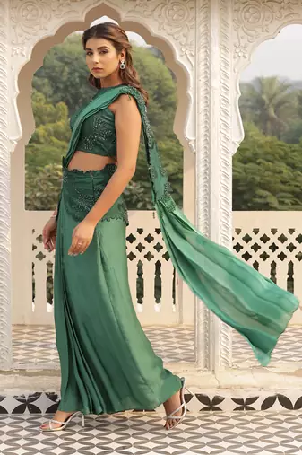 ready to wear sap green emblazon sap saree set - neha garg