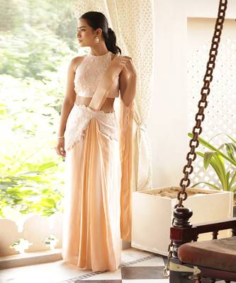 ready to wear peach emblazon persica saree set - neha garg 1