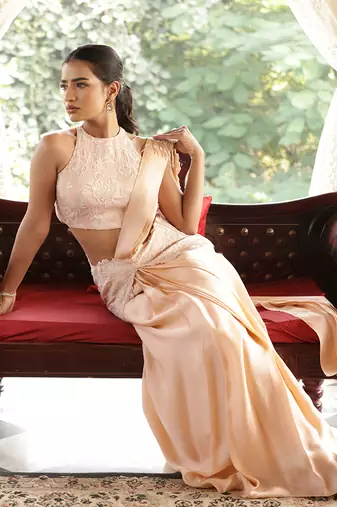 ready to wear peach emblazon persica saree set - neha garg