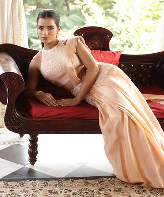 ready to wear peach emblazon persica saree set - neha garg 3