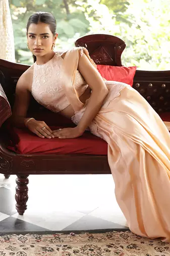 ready to wear peach emblazon persica saree set - neha garg