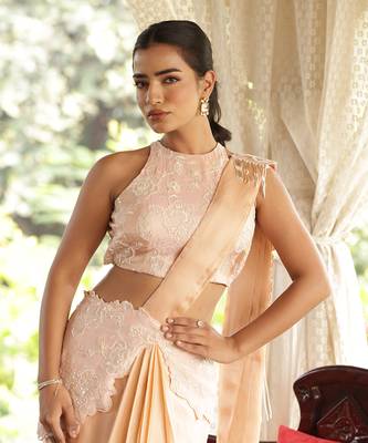 ready to wear peach emblazon persica saree set - neha garg 4