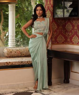 ready to wear turquoise sauve sea saree set - neha garg 1