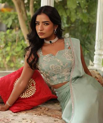 ready to wear turquoise sauve sea saree set - neha garg 2