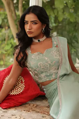 ready to wear turquoise sauve sea saree set - neha garg
