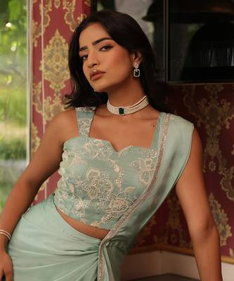 ready to wear turquoise sauve sea saree set - neha garg 3