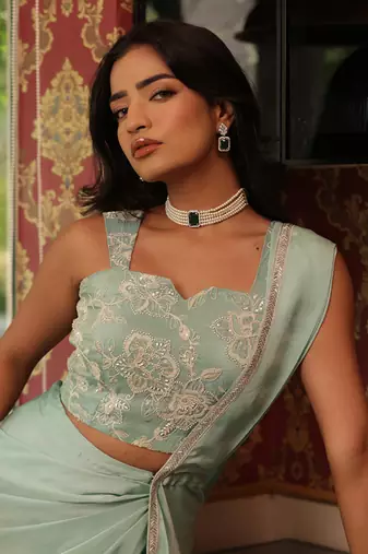 ready to wear turquoise sauve sea saree set - neha garg