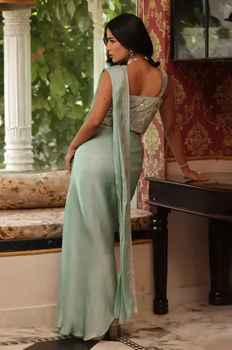 ready to wear turquoise sauve sea saree set - neha garg