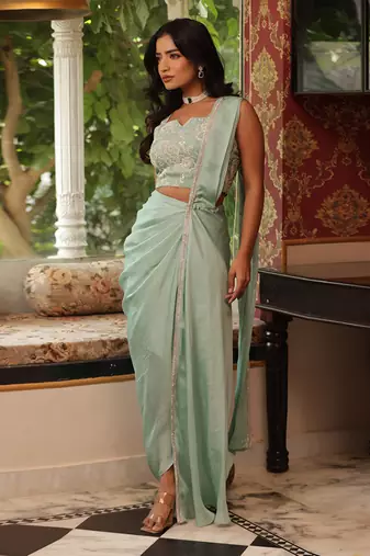 ready to wear turquoise sauve sea saree set - neha garg