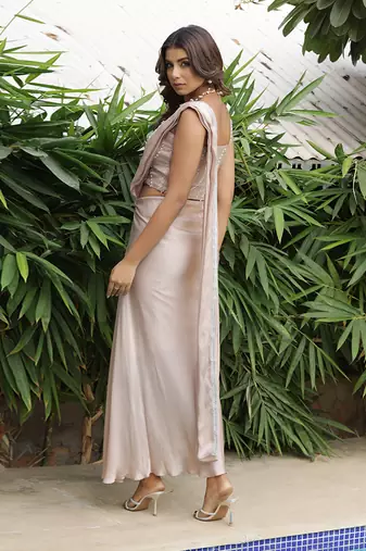 ready to wear pale brown suave hazel saree set - neha garg