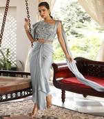 ready to wear cyanic drape ruffle top saree set - neha garg