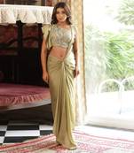 ready to wear lush green drape ruffle top saree set - neha garg
