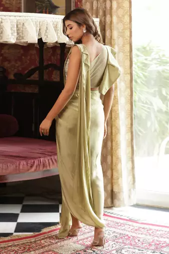 ready to wear lush green drape ruffle top saree set - neha garg
