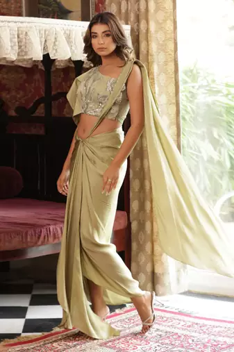 ready to wear lush green drape ruffle top saree set - neha garg