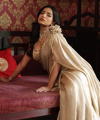 ready to wear pista gold raabta saree set - neha garg 3
