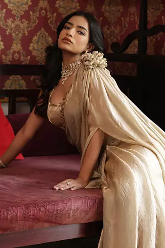 ready to wear pista gold raabta saree set - neha garg