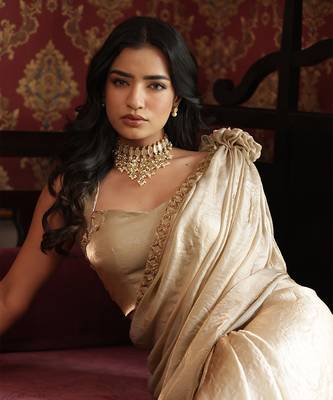 ready to wear pista gold raabta saree set - neha garg 4