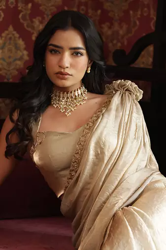 ready to wear pista gold raabta saree set - neha garg