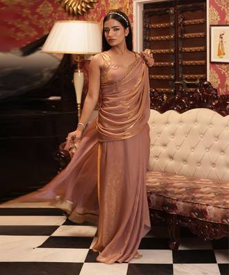 ready to wear pink gold raabta saree set - neha garg 5