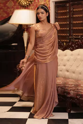 ready to wear pink gold raabta saree set - neha garg