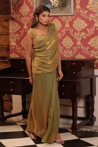 ready to wear emerald gold raabta saree set - neha garg