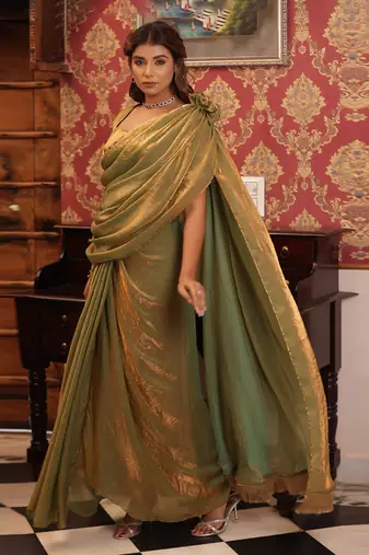 ready to wear emerald gold raabta saree set - neha garg