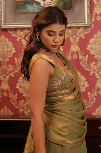 ready to wear emerald gold raabta saree set - neha garg
