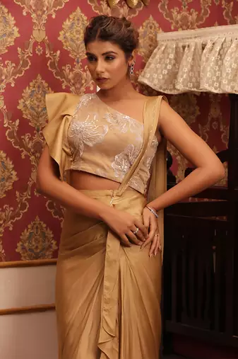 ready to wear auric drape ruffle saree set - neha garg