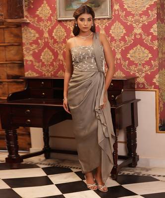 ready to wear dusky grey twilight drape set set - neha garg 1