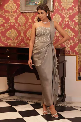 ready to wear dusky grey twilight drape set set - neha garg