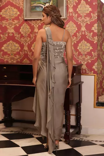 ready to wear dusky grey twilight drape set set - neha garg