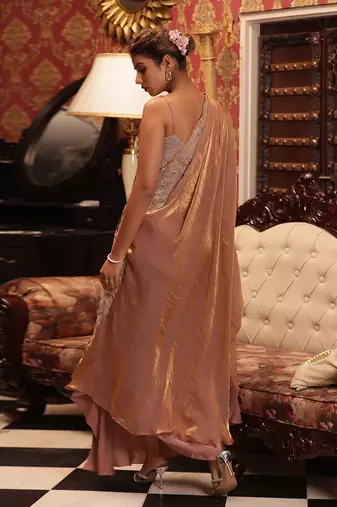 Pink tingled gold tussah serape set - neha garg