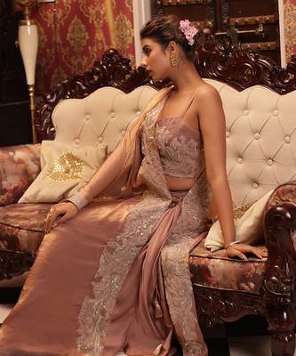 Pink tingled gold tussah serape set - neha garg 3