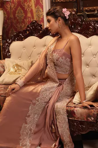 Pink tingled gold tussah serape set - neha garg