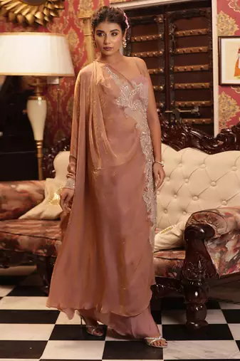 Pink tingled gold tussah serape set - neha garg
